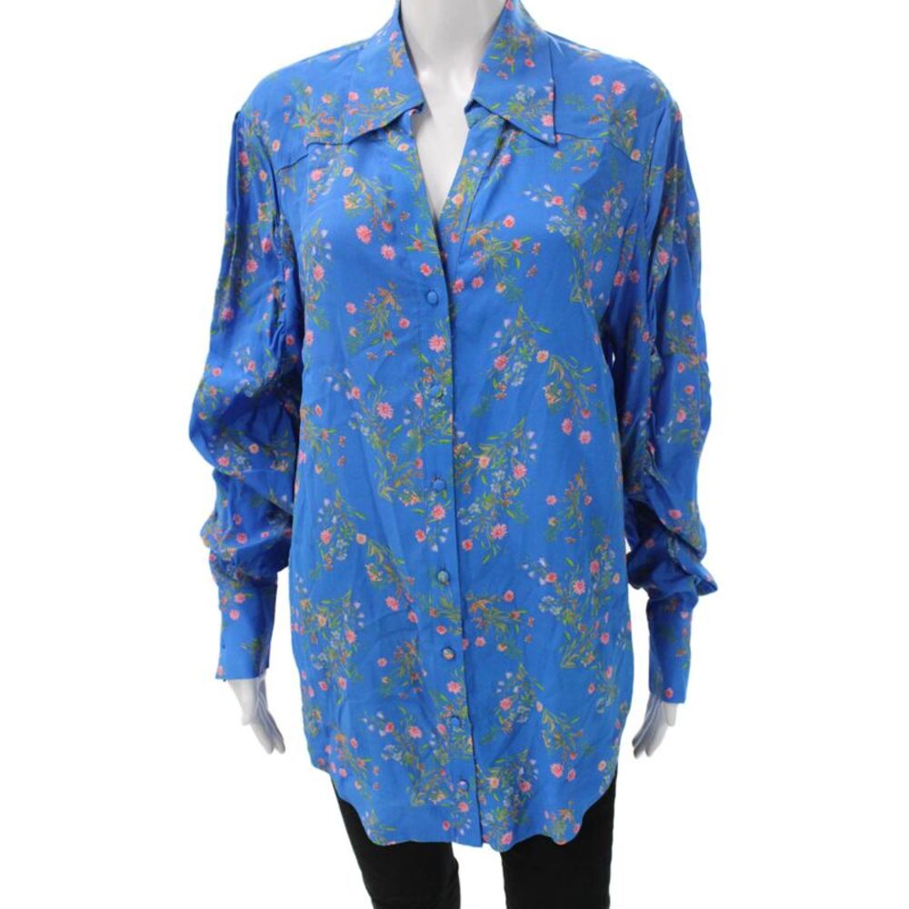 Steele Women Tunic Button-Up Floral Rayon Collared Long Sleeve Blue Size XS